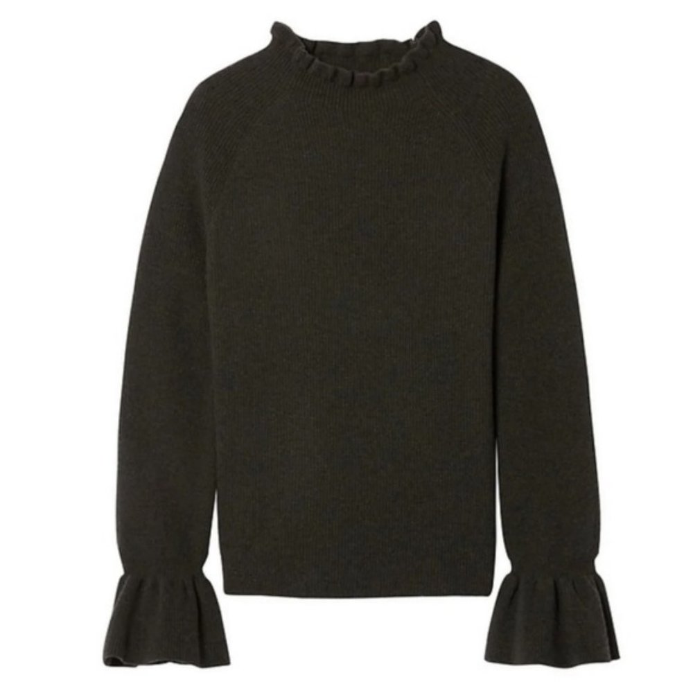 Olive Green Mockneck Ruffle Sleeve Sweater